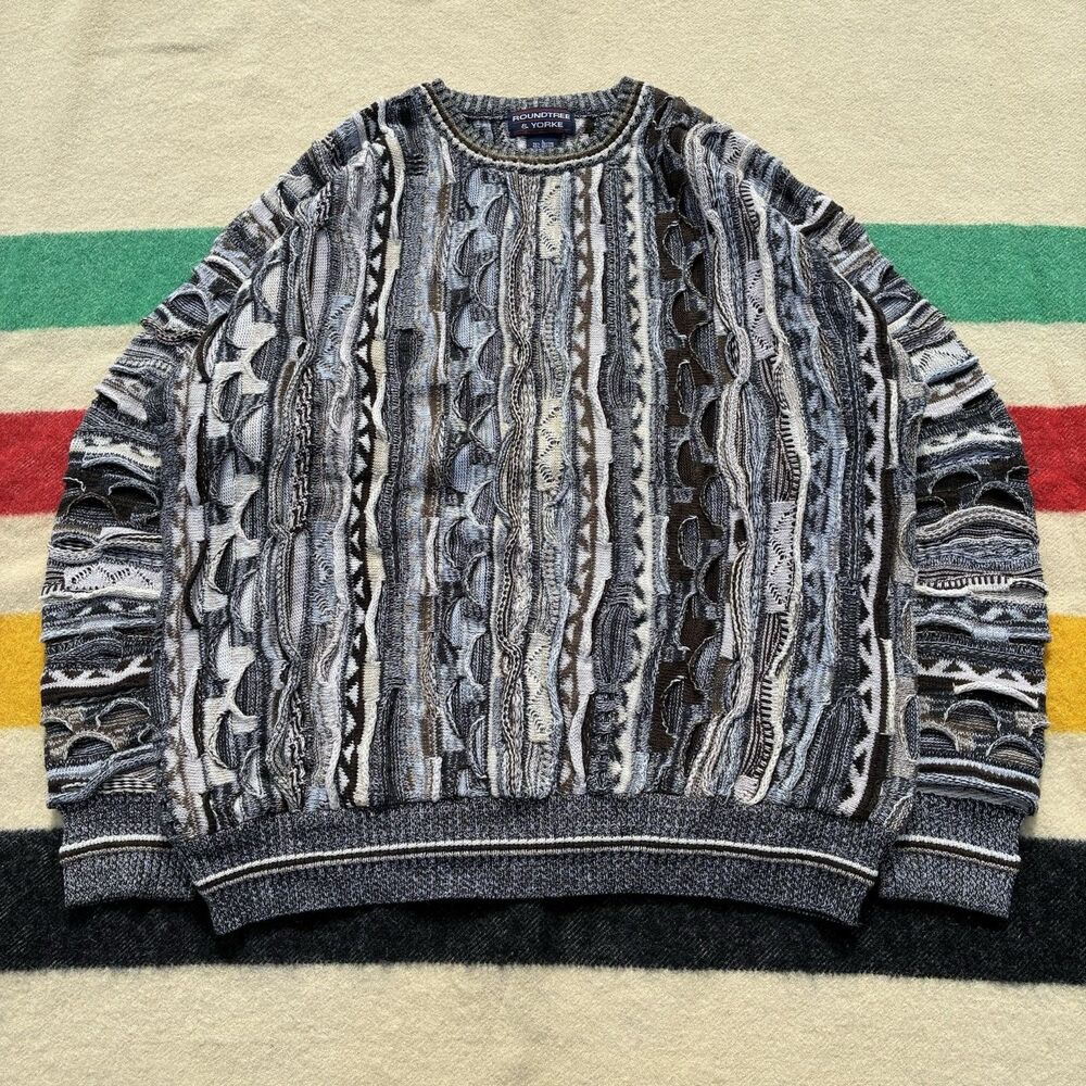 VTG 90s Roundtree & Yorke 3D Knit Coogi Sweater Multicolor Earth Tone Brown L